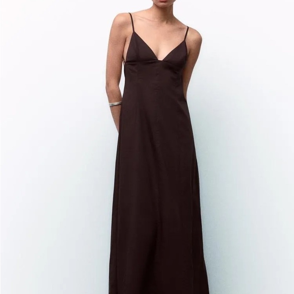 Zara Voluminious Noodle Strap Midi Dress P07200220 Brown Maxi Dress